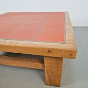 Brutalist Oak Coffee Table with Terracotta Tiles, 1950s