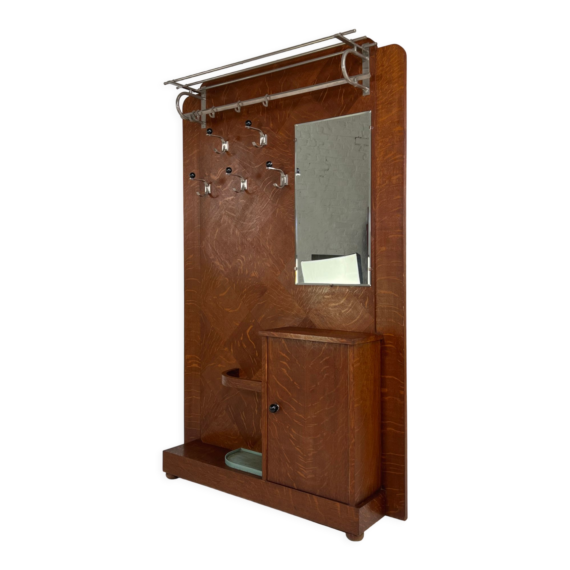 Porte-manteau vestiaire d'entrée Art Deco en bois, métal et miroir
