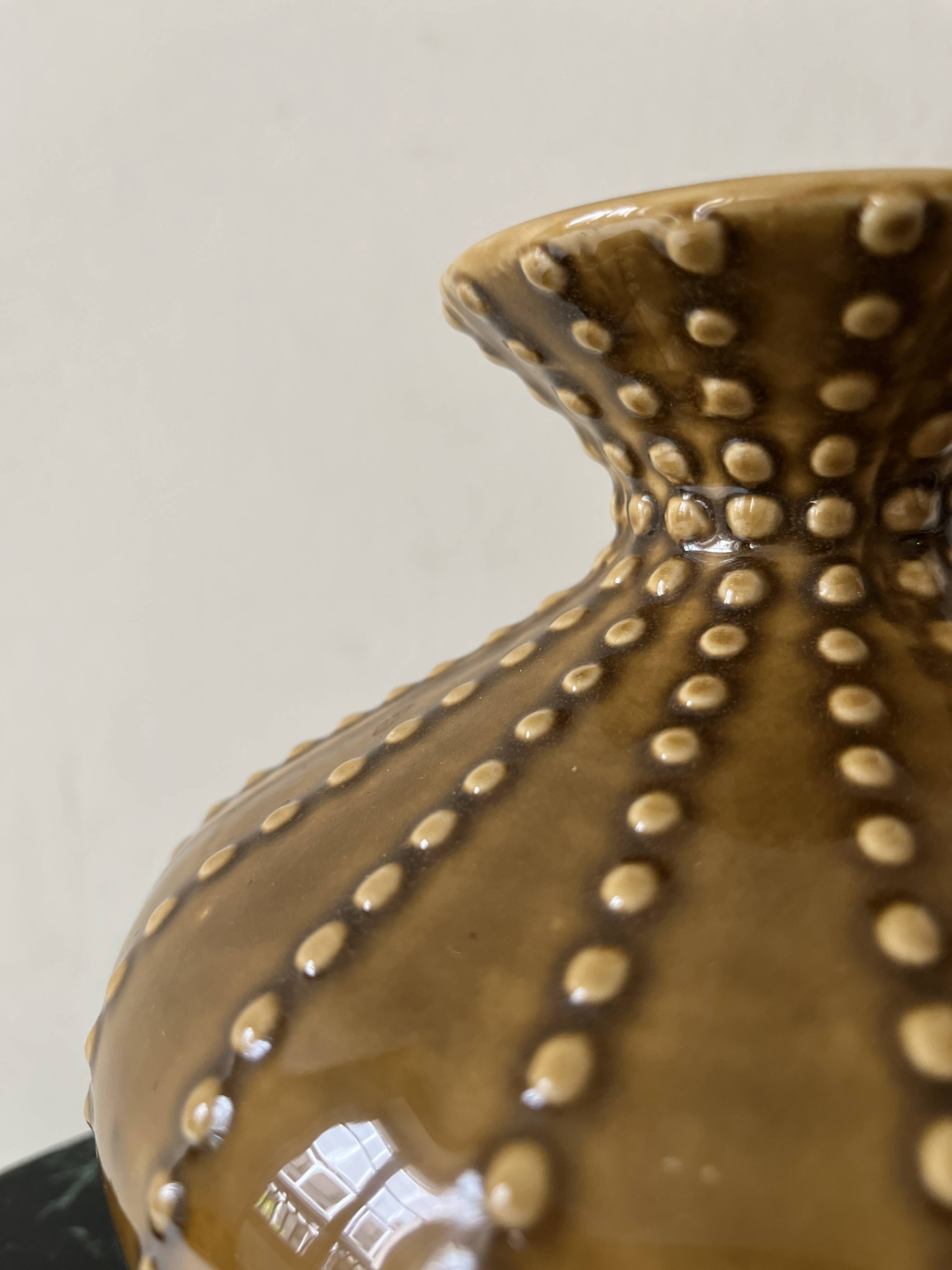 pear-shaped vase in ocher enameled ceramic and pearls