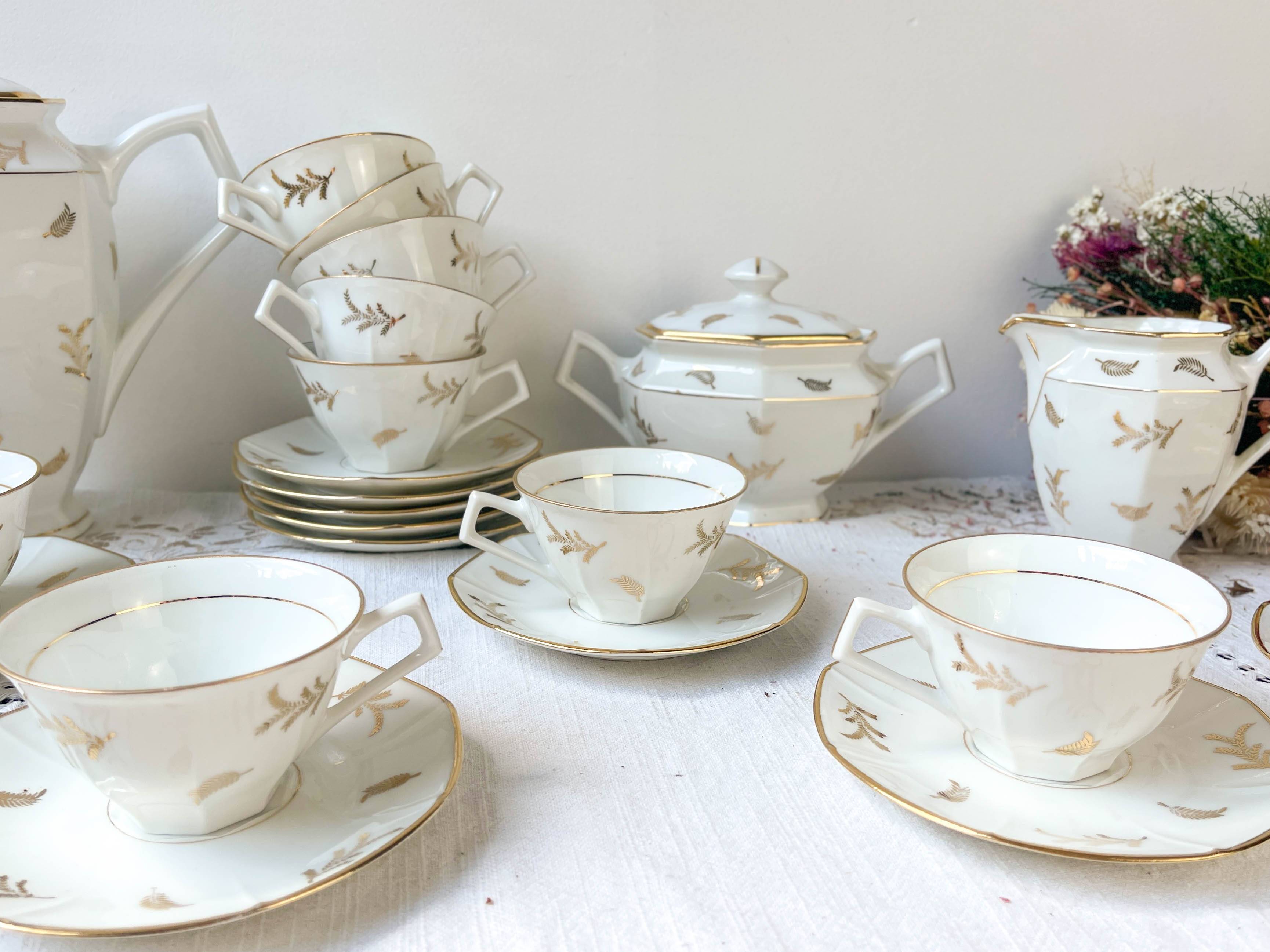 Vintage tea/coffee set in white porcelain with Limoges gold trim