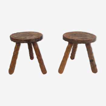 Pair of brutalist hardwood tripod stools solid wood