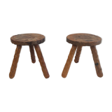 Pair of brutalist hardwood tripod stools solid wood