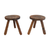 Pair of brutalist hardwood tripod stools solid wood