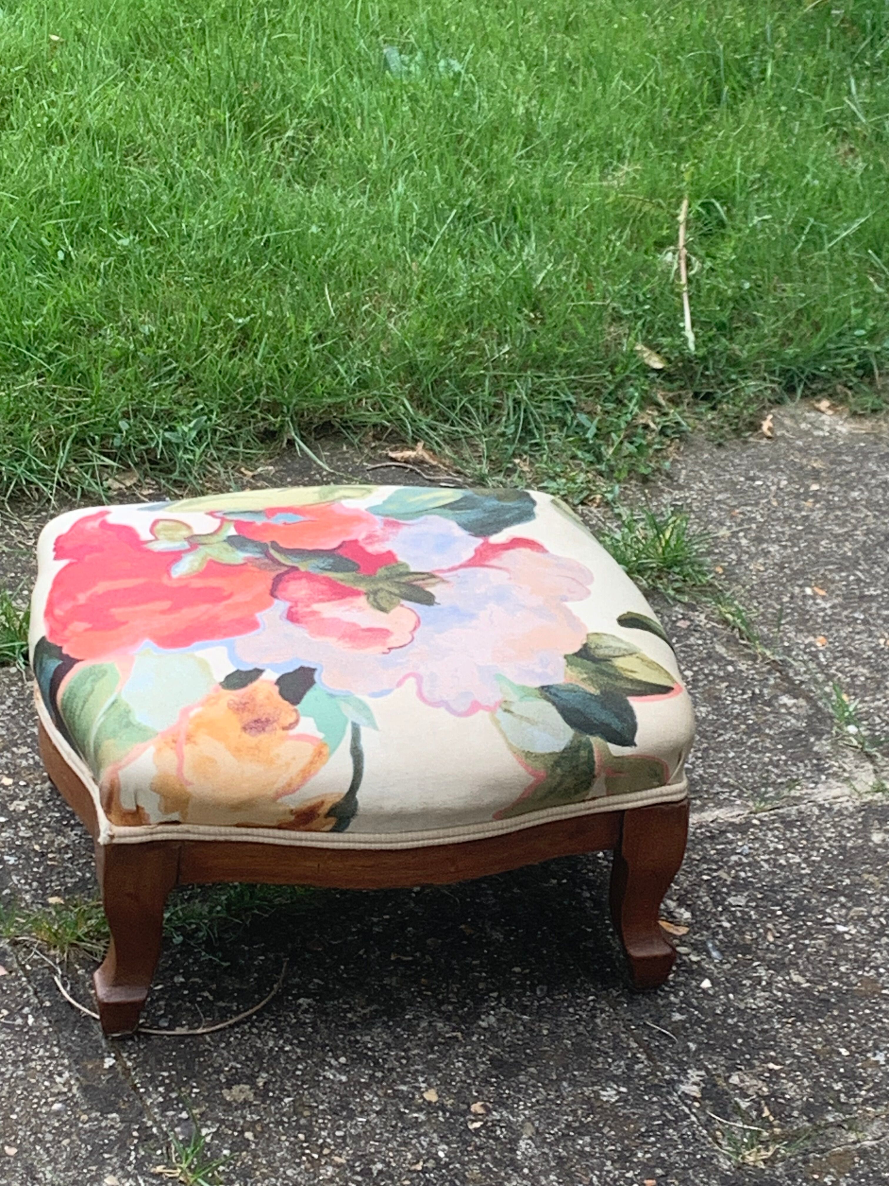 Footrest, wooden and antique floral fabrics