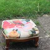 Footrest, wooden and antique floral fabrics