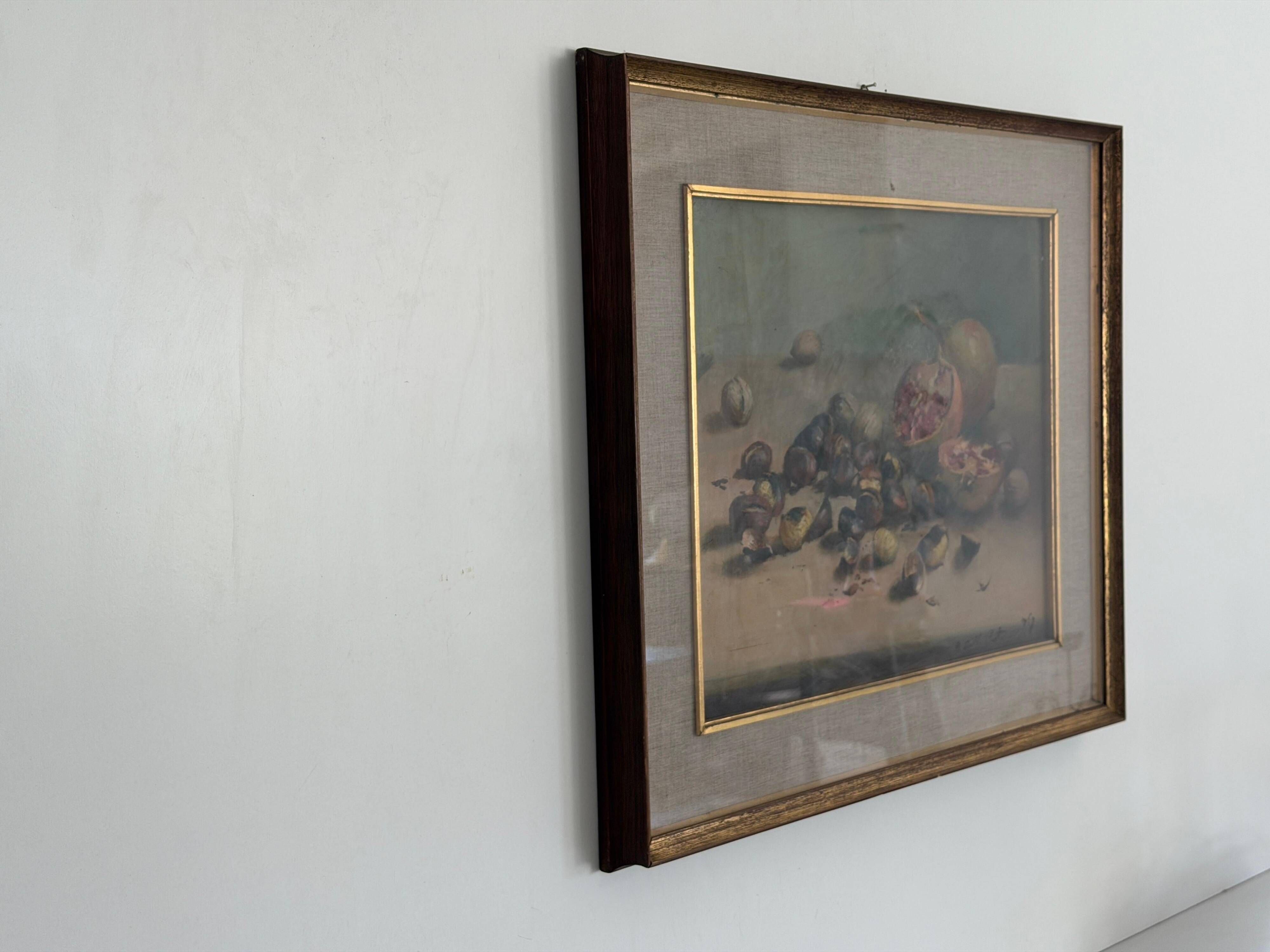 Still life with pomegranates and walnuts Oil painting on canvas signed, 1967, Italy