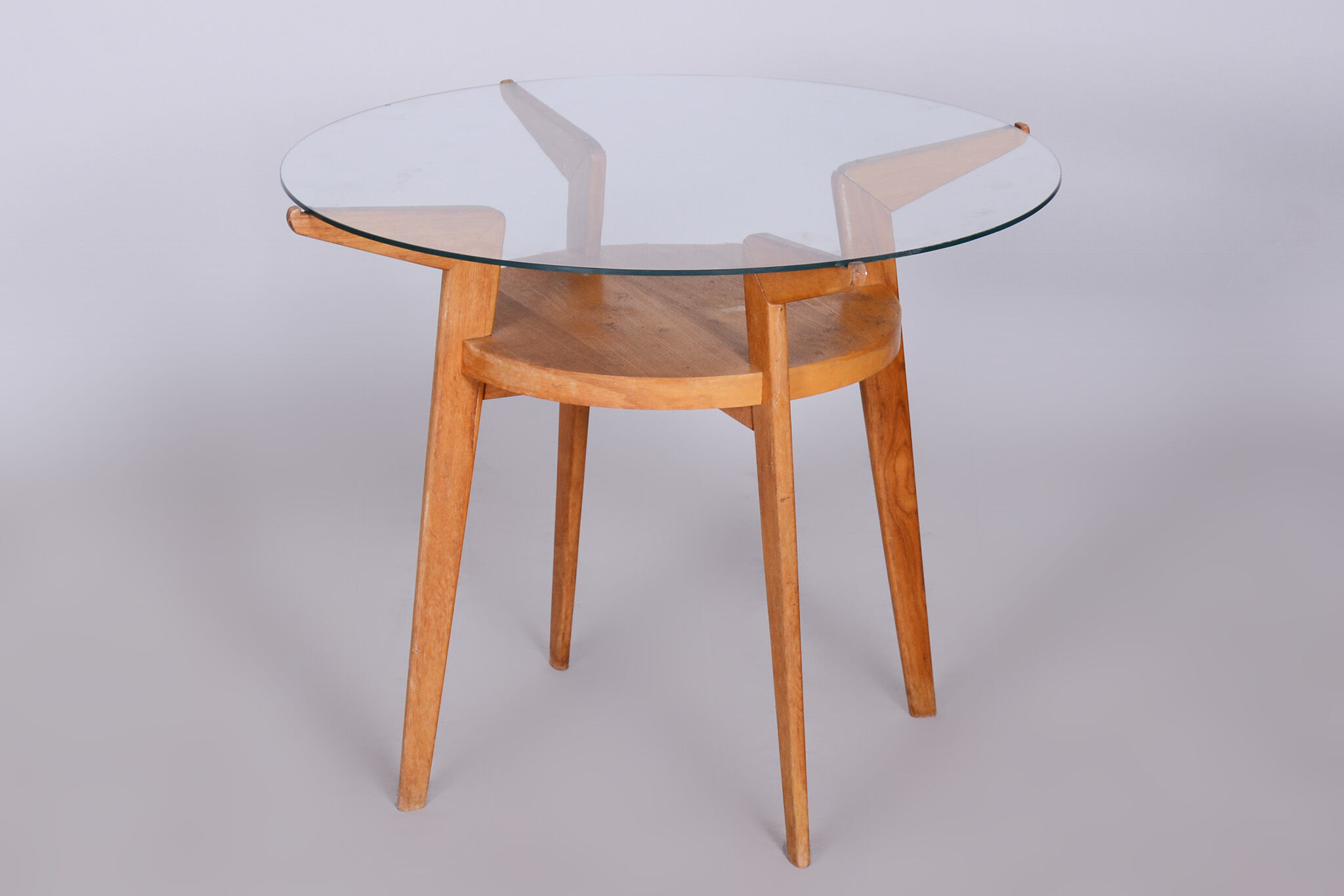 Mid-century small round table, jitona sobeslav, oak, glass, czechia, 1950s