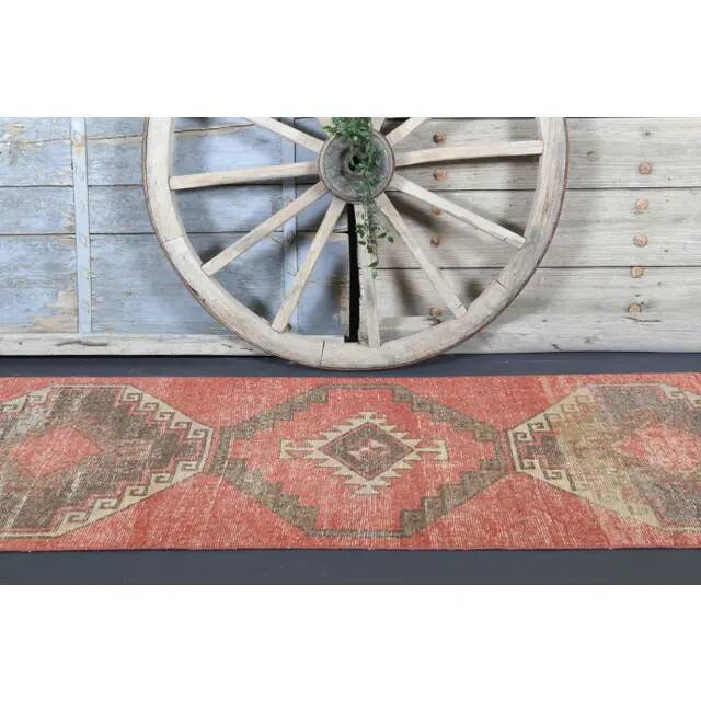Vintage Turkish Hand-Knotted Wool Cotton Red Runner Rug 85x386