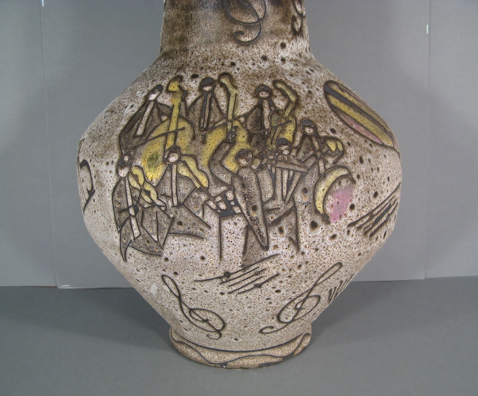 Vallauris ceramic vase signed Bessone décor orchestra instrument music