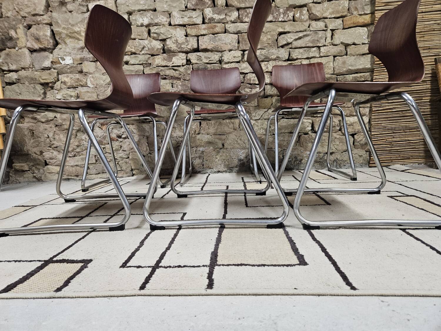 Set of 6 Flötotto pagwood stackable chairs 1960