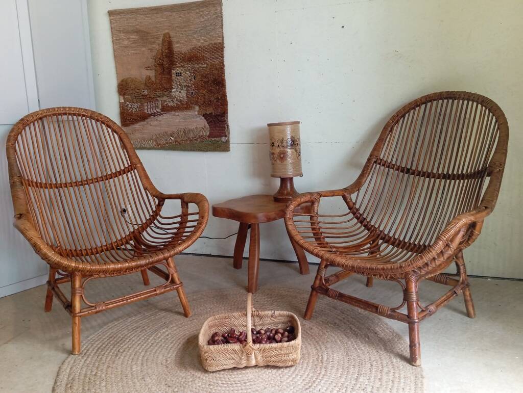 Pair of high-back rattan armchairs