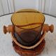 Amber glass and olive wood ice bucket / vintage rope 70s