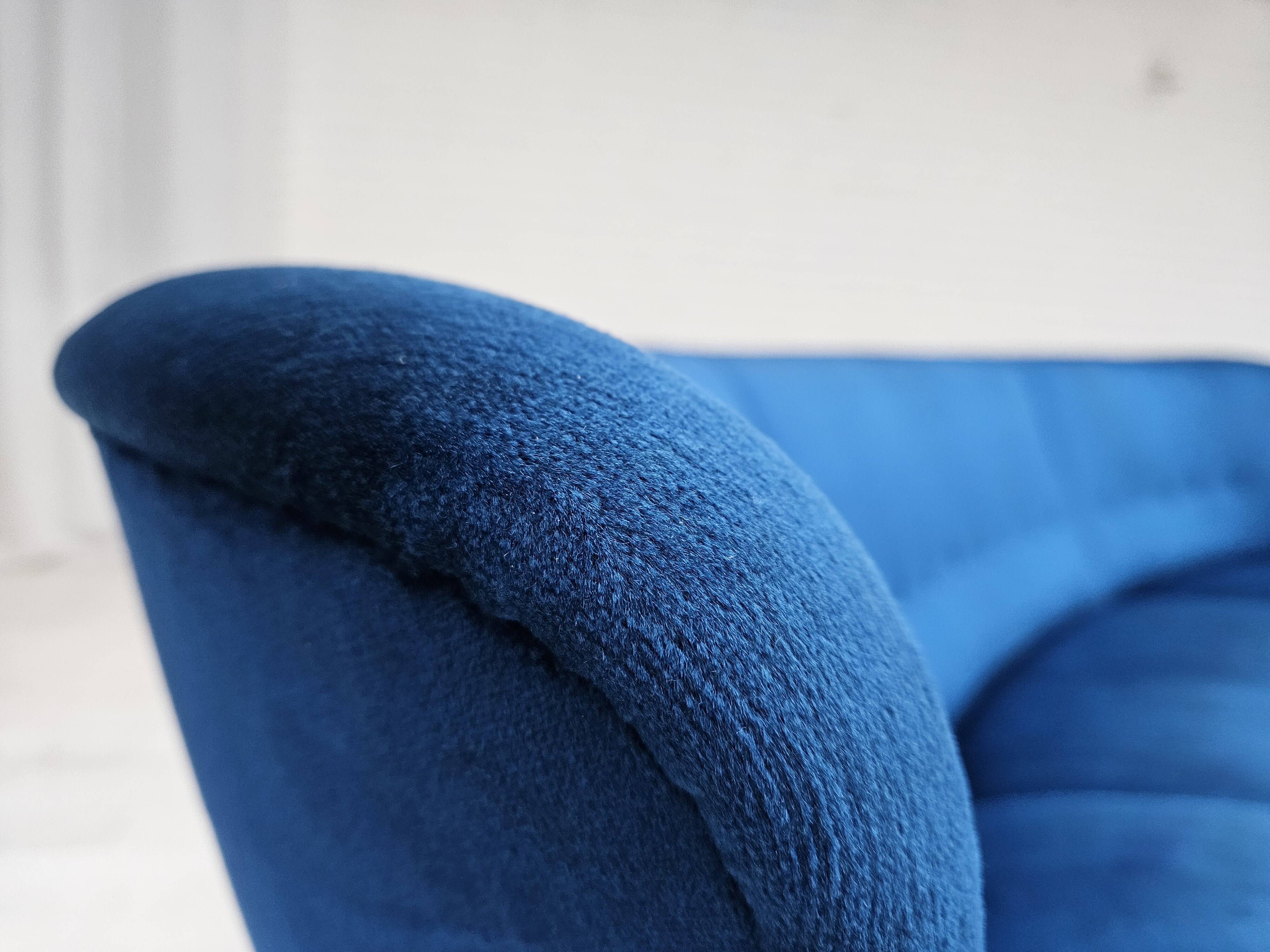 1960s, Danish 3-seater curved sofa, blue furniture velour, beech wood legs.