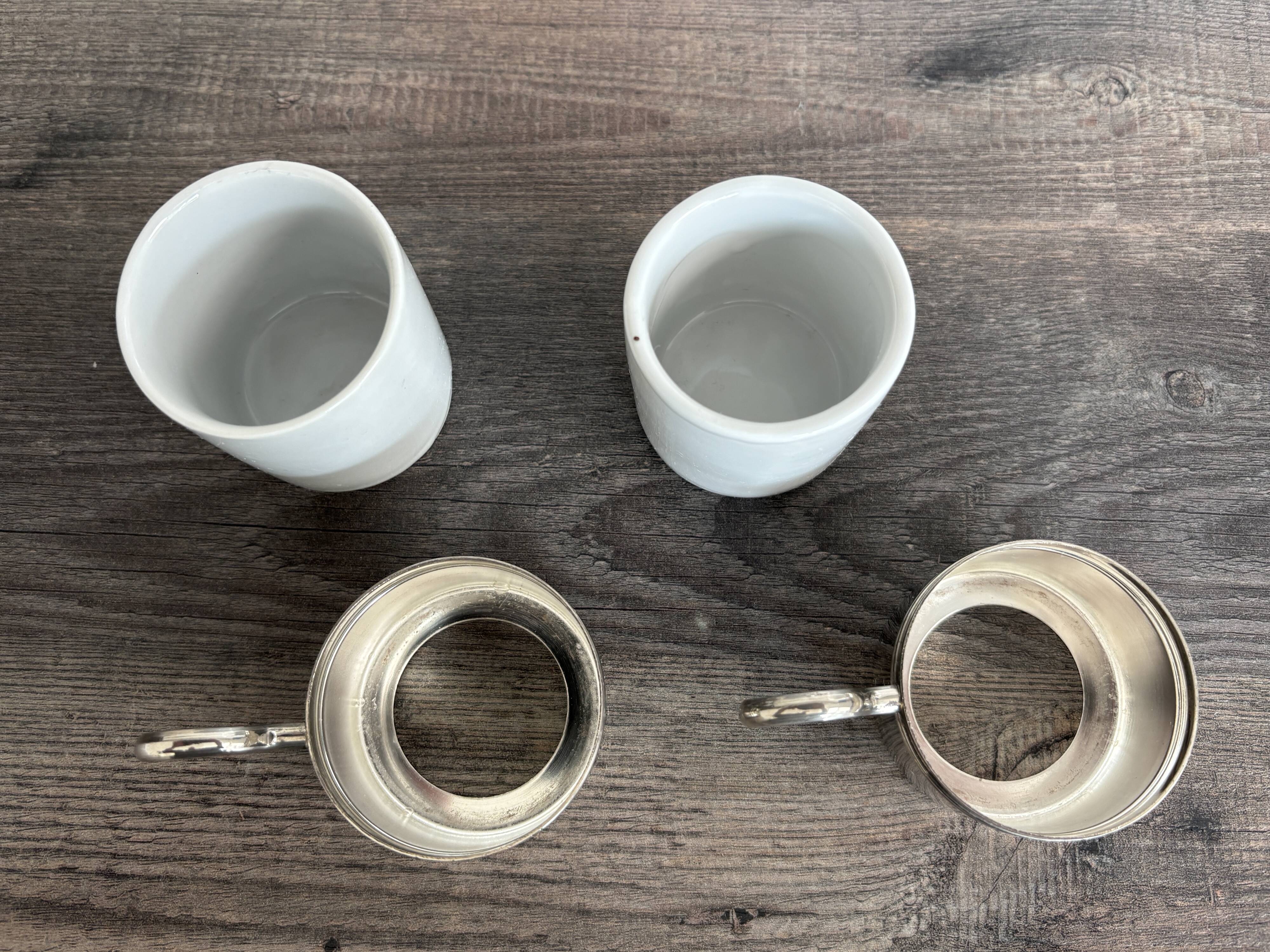 Set of 2 vintage porcelain cups with silver metal stand