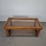 Mid-Century Smoked Glass and Wood Coffee Table on Wheels, Czechoslovakia