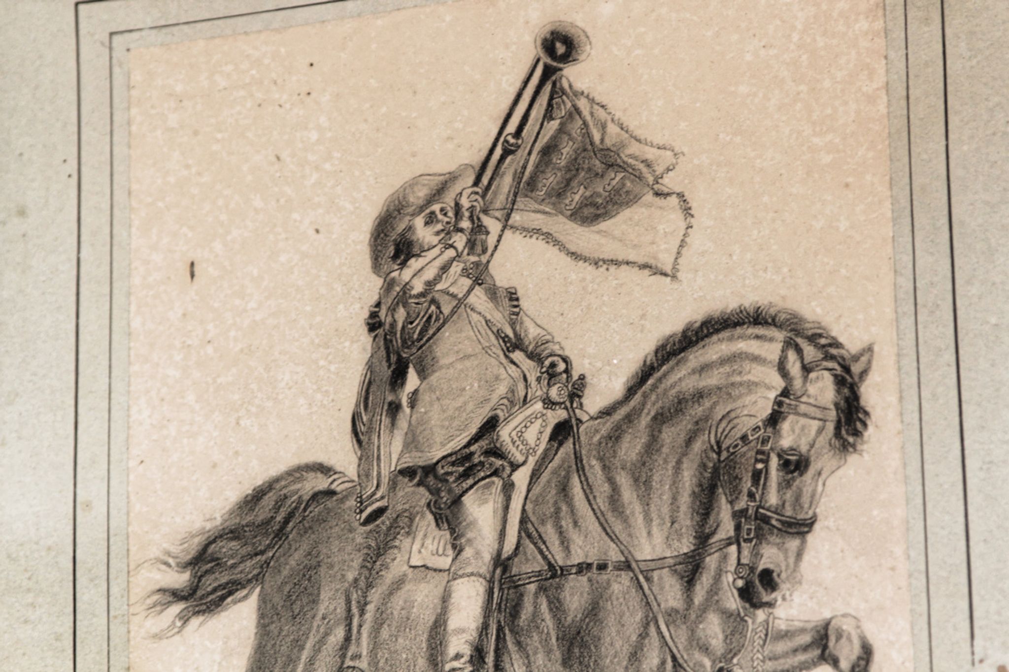 Dessin à la mine de plomb cavalier signé