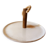 Presentation tray in stoneware, teak, and rope