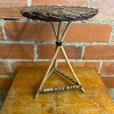 Vintage wooden tripod side table + woven wicker top
