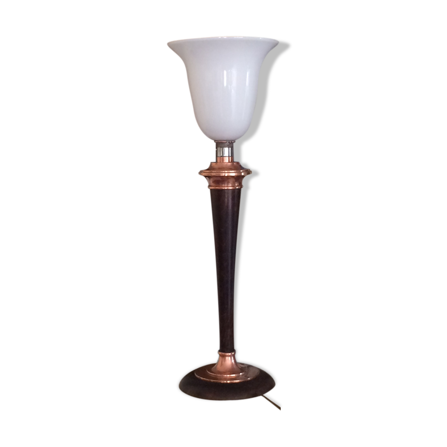 Mahogany and copper brass, Mazda Art deco lamp, 1930-40