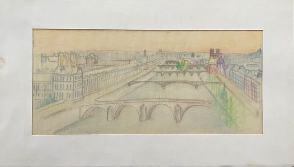 Tableau dessin vue de paris sur la seine et ses ponts