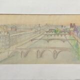 Tableau dessin vue de paris sur la seine et ses ponts