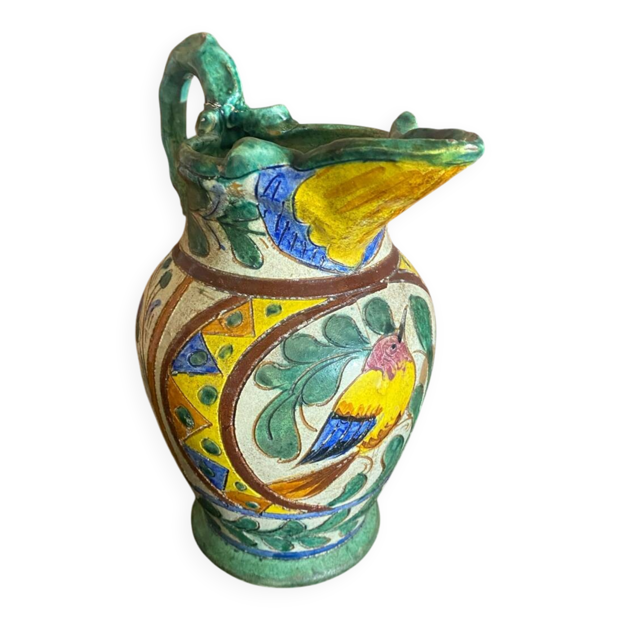 Antique Style Monaco Perugia Ceramic Pitcher with Multicolored Bird Decoration