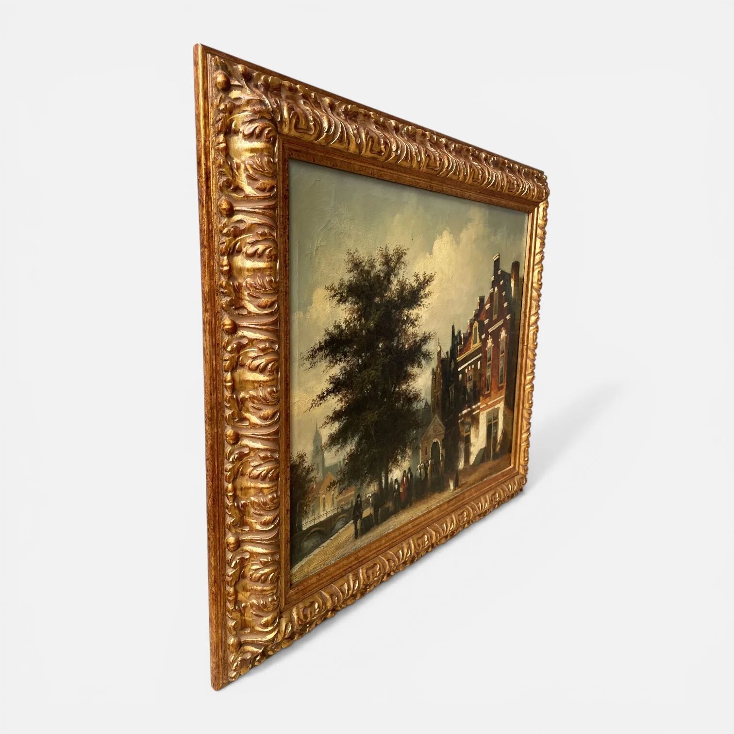 Dutch street scene oil painting in ornate frame signed Nijland