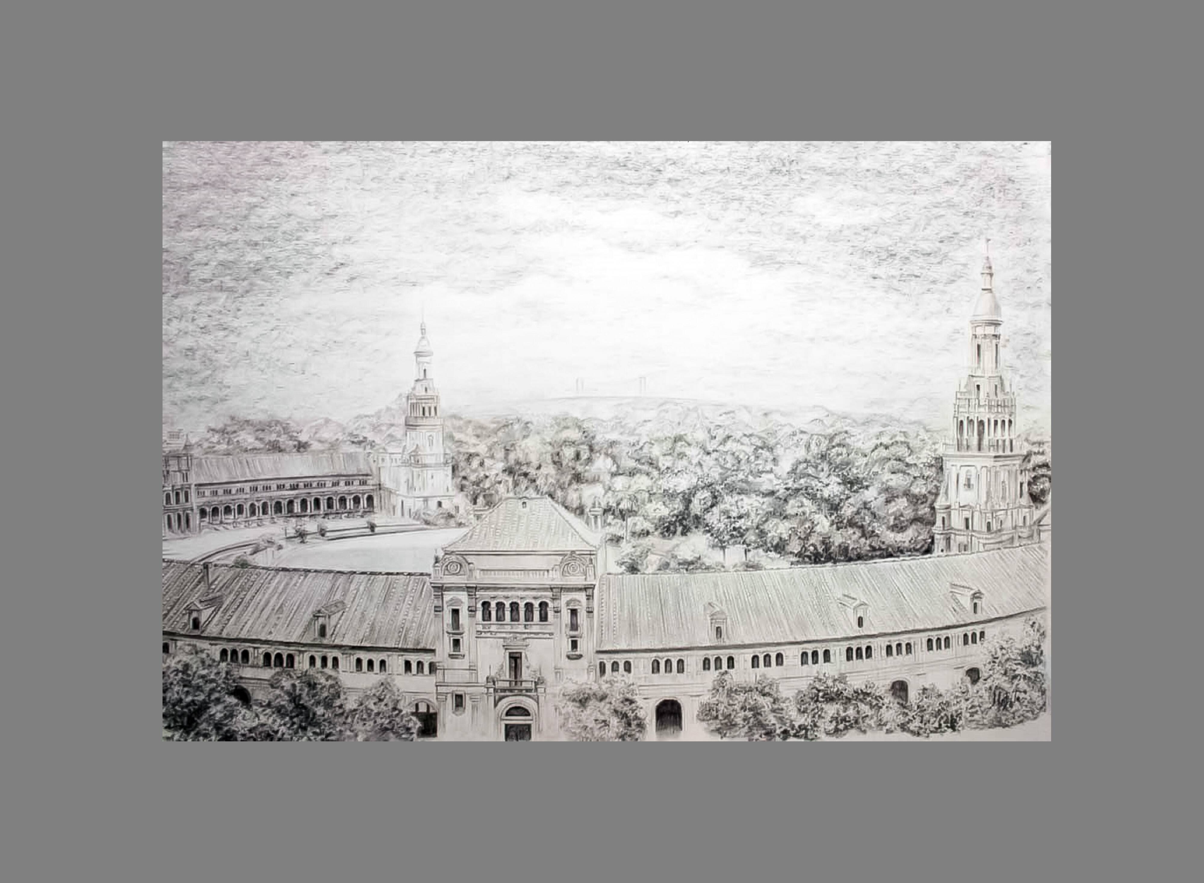 Plaza de España in Seville. Charcoal and graphite drawing. Seville Plaza de España.
