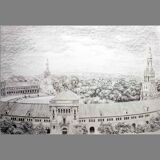Plaza de España in Seville. Charcoal and graphite drawing. Seville Plaza de España.