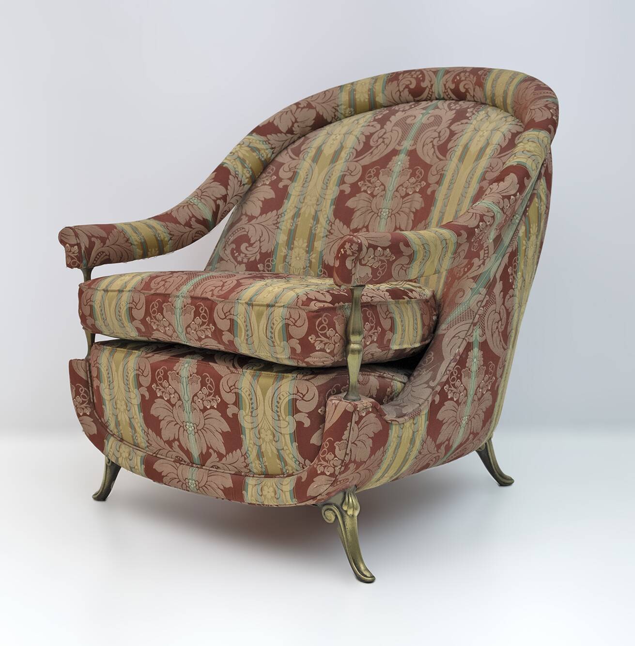 Pair Art Dèco Style French Brass And Fabric Armchairs, 1950s