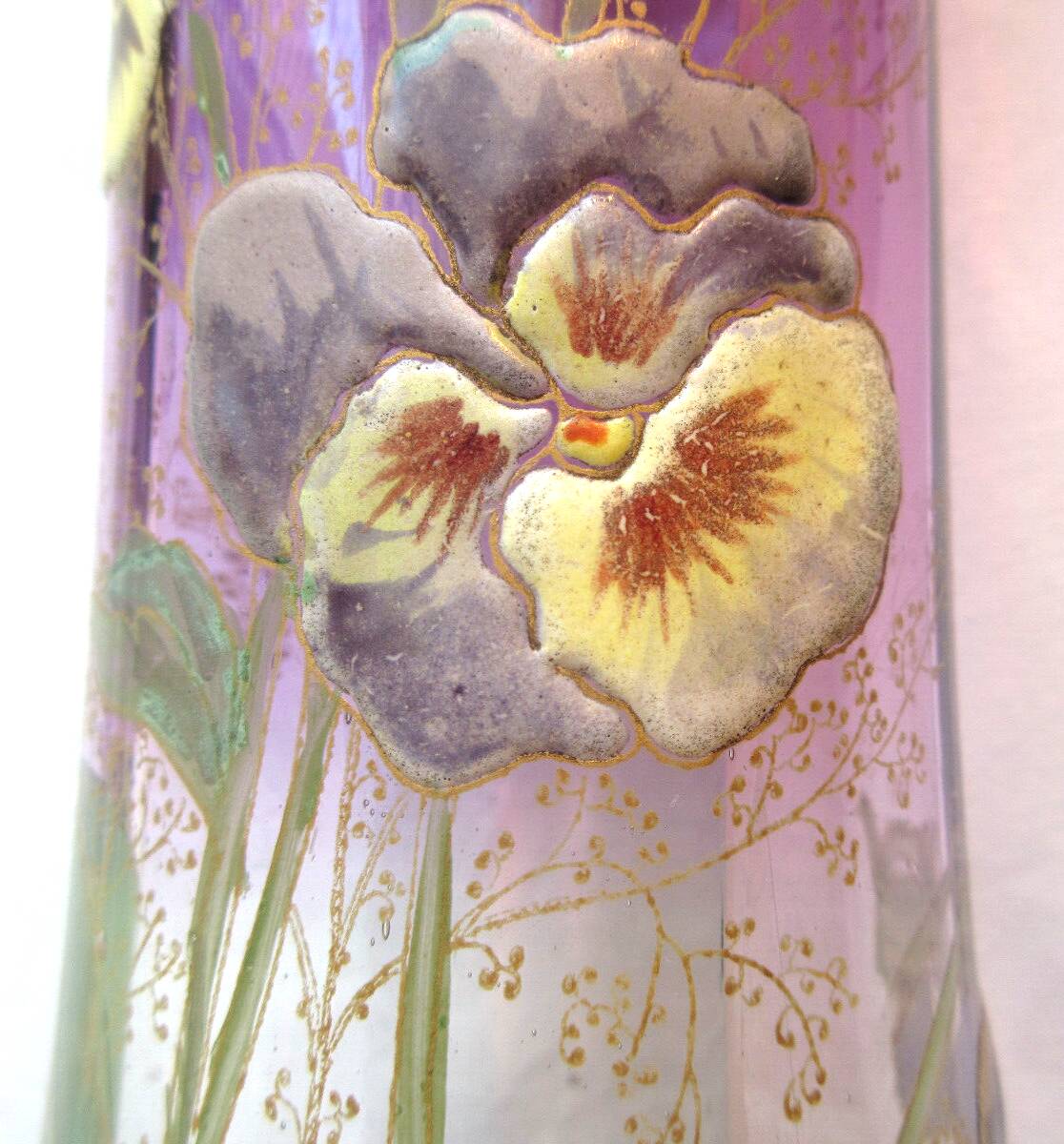 Legras enameled vase, multicolored pansies, colorless gradient purple glass