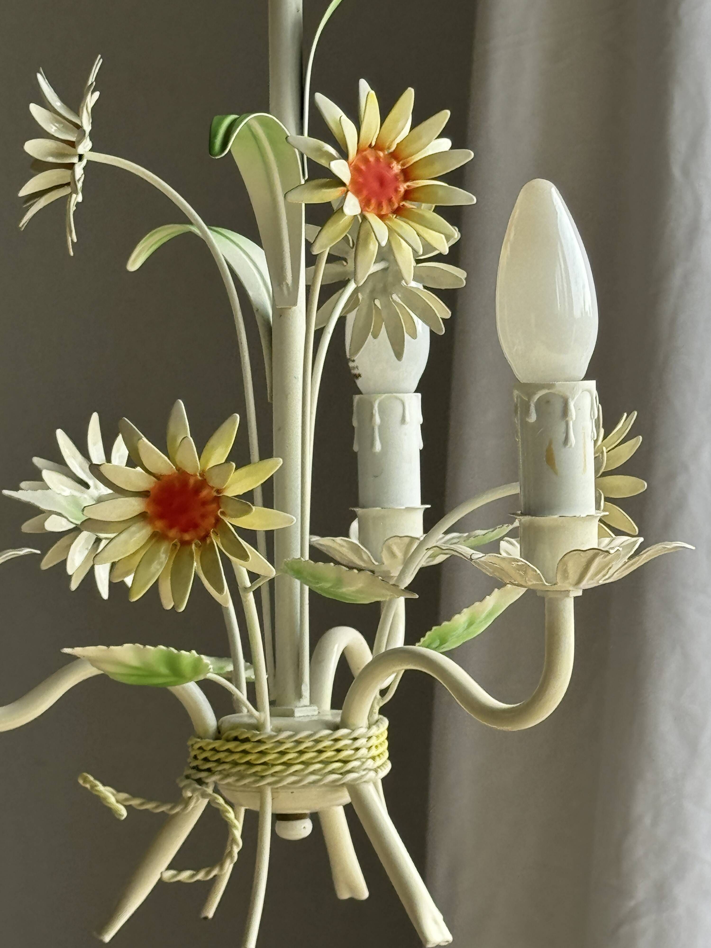 Small vintage cream metal flower chandelier with orange flowers and 3 arms.