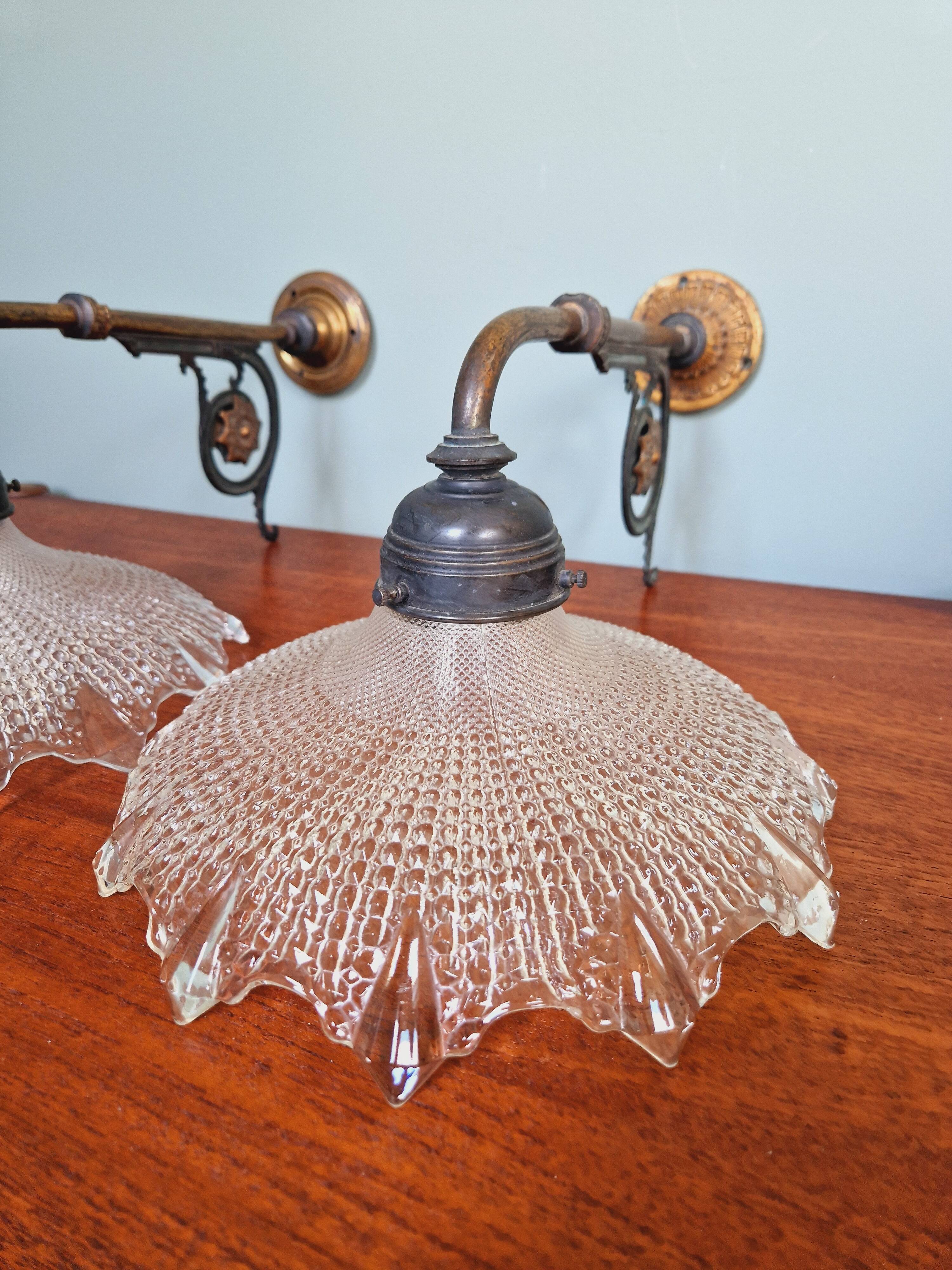 Pair of pendant lights in bronze and scalloped transparent glass