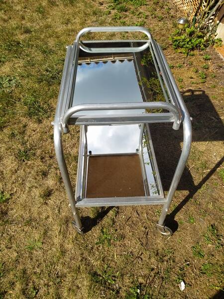 Modernist aluminum trolley with mirrored tops