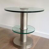 Guéridon en métal brossé et dalles de verre