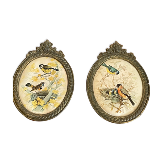 2 oval frames birds on silk
