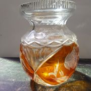 Ancien Vase Cristal Taillé Transparent & Orange Décor Fleurs Vintage