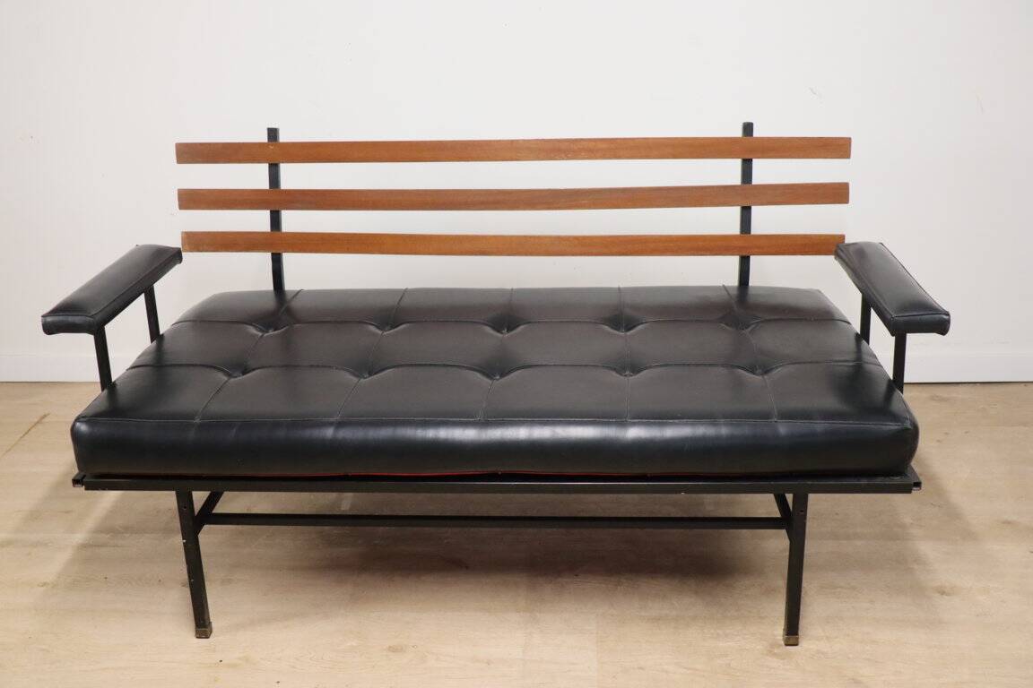 Vintage "Daybed" sofa bench in metal and imitation leather, 1950