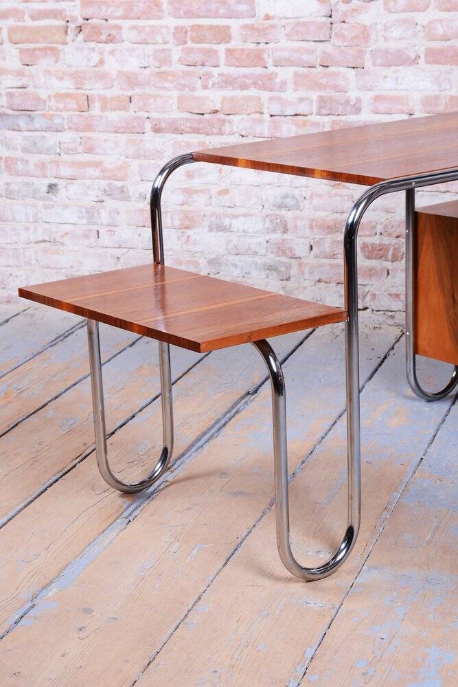 Czech Bauhaus Writing Desk in Walnut and Chrome attributed to Robert Slezak for Slezak Factories, 1940s