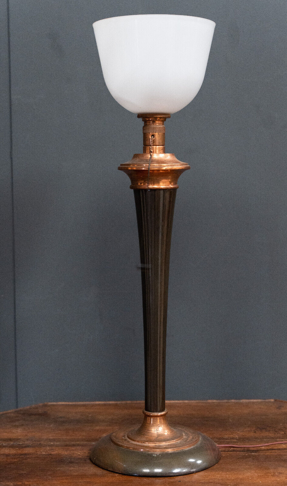 White Mazda opaline lamp on stand in wood and brass