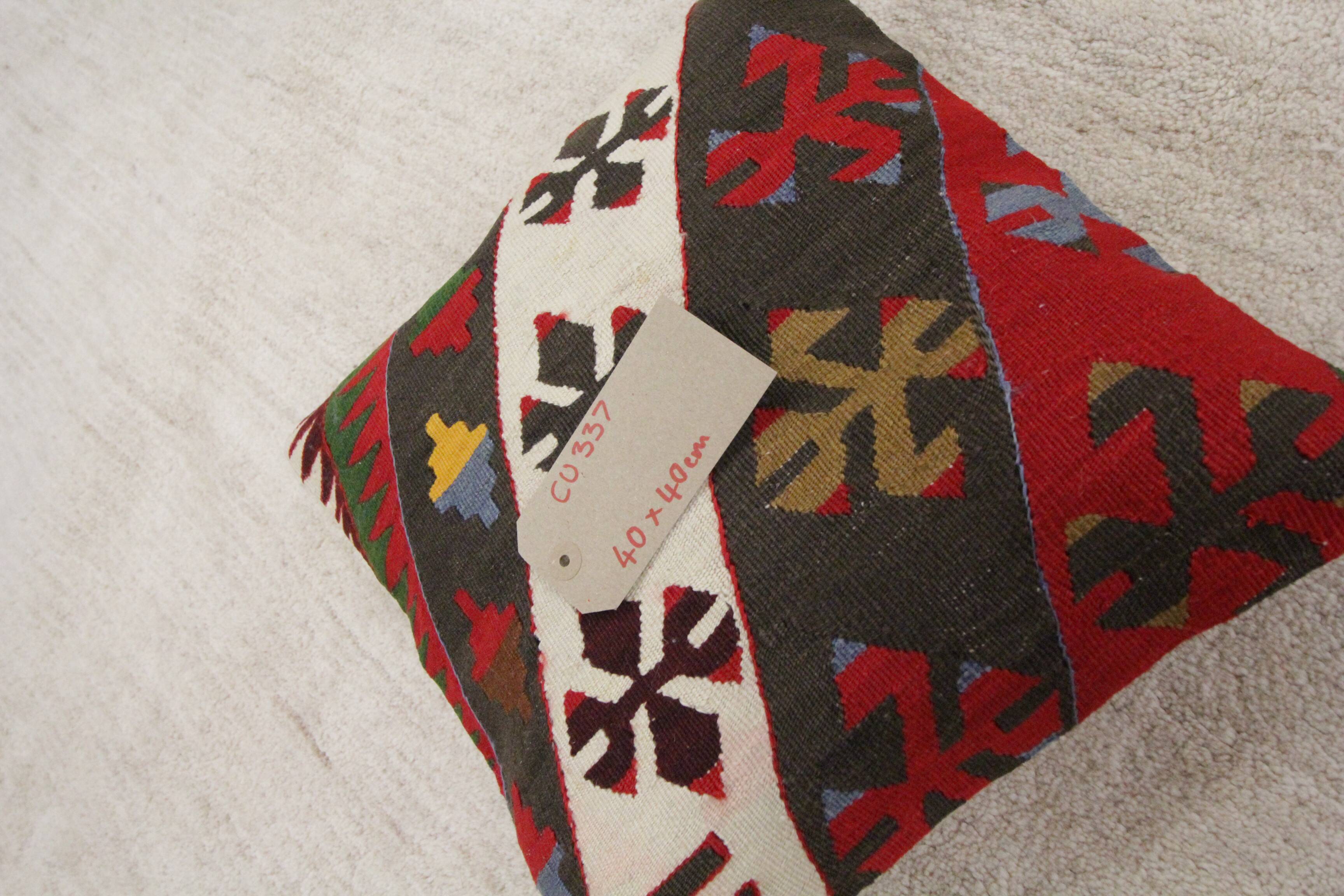 A Pair of Antique Turkish Flatwoven Kilim Cushion Cover, Geometric Pillow