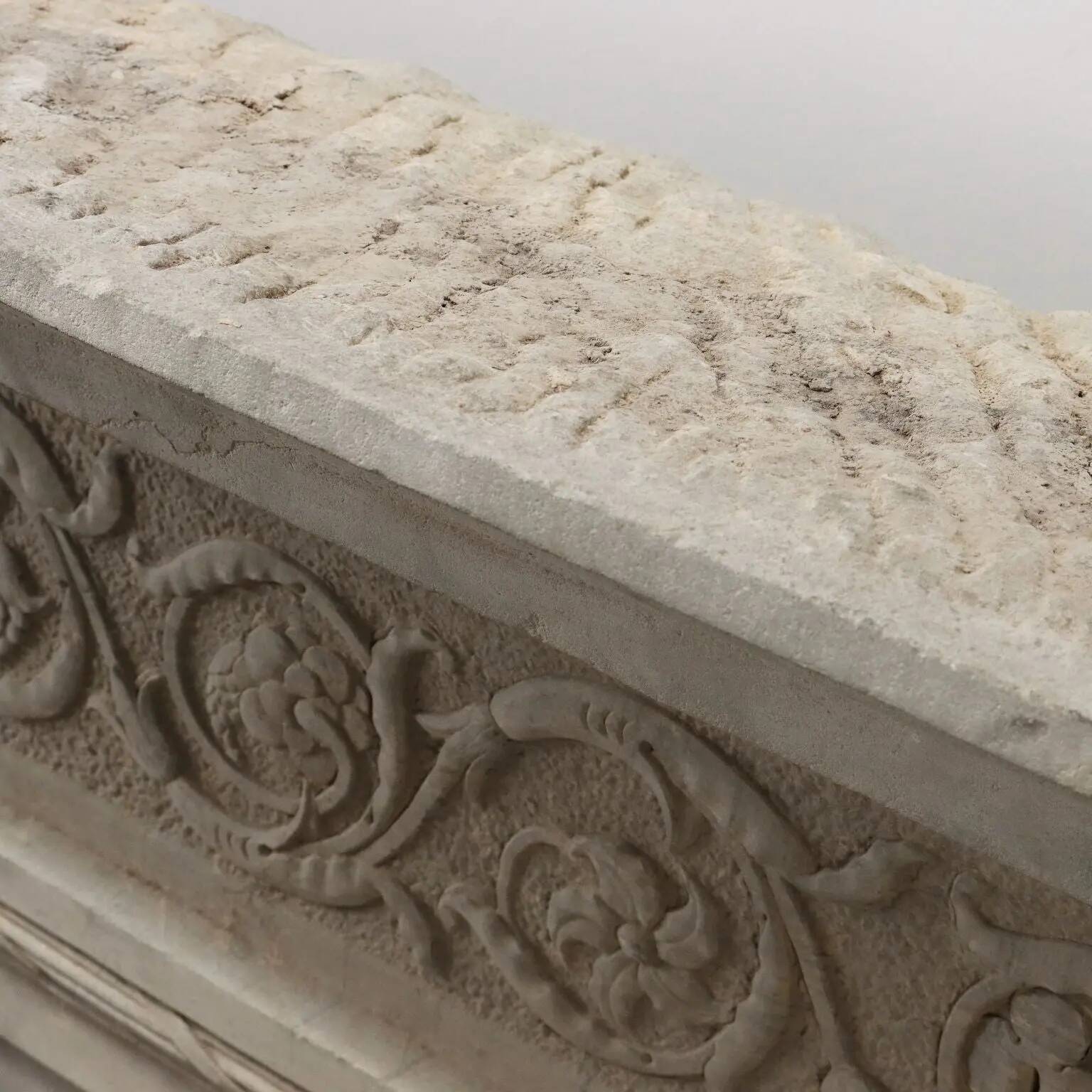 Ancient Renaissance fireplace lintel in pietra serena stone, 15th century.