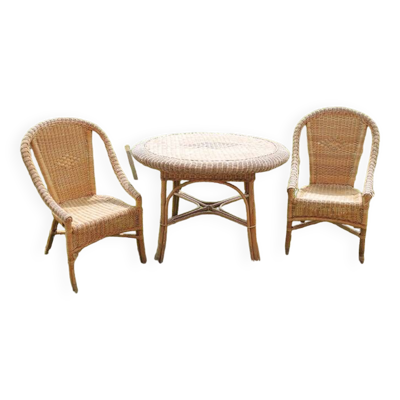 Ancien salon en rotin clair : table & 2 fauteuils