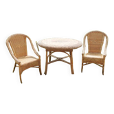Ancien salon en rotin clair : table & 2 fauteuils