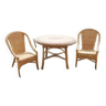Ancien salon en rotin clair : table & 2 fauteuils