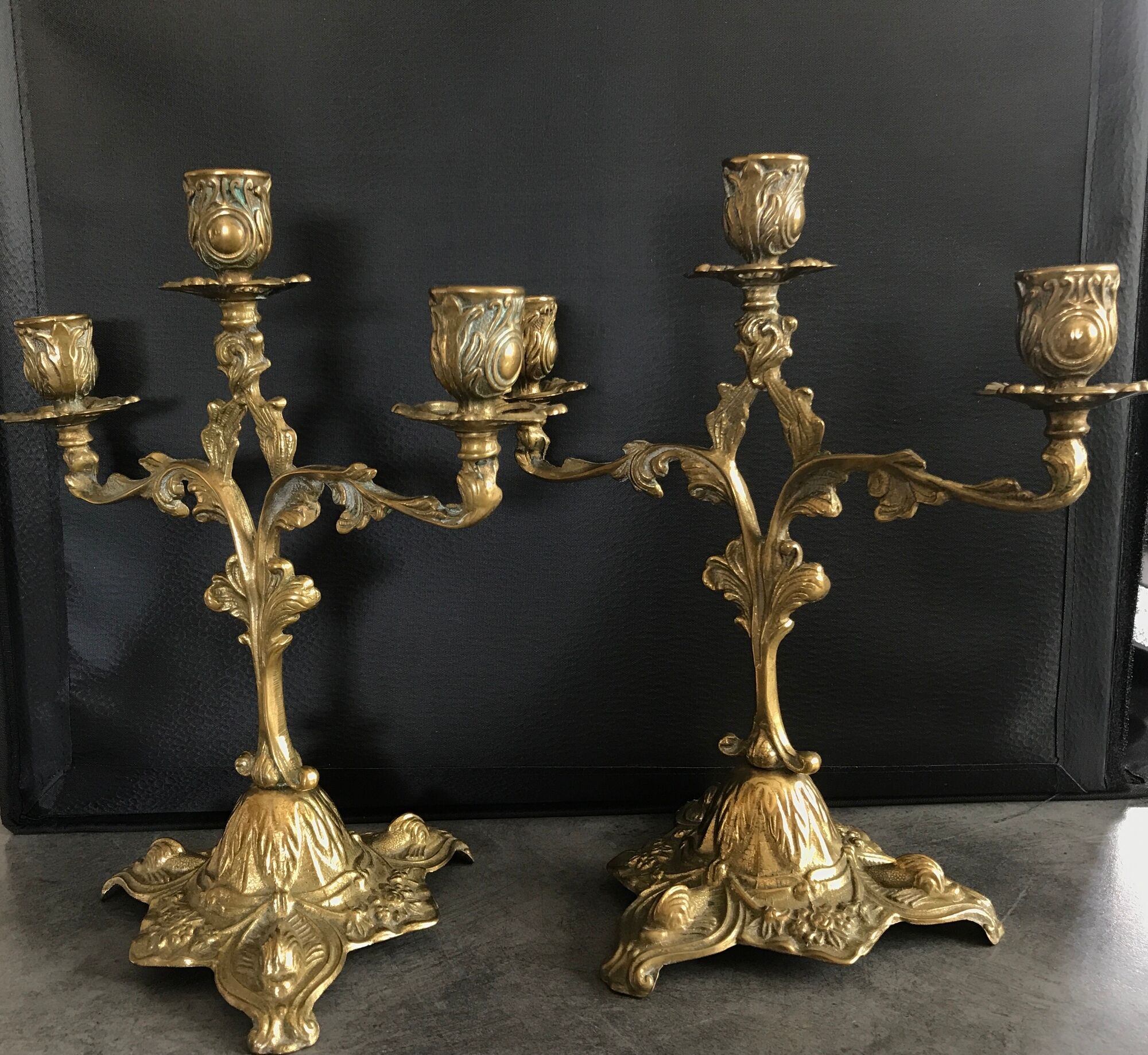 Pair of old candlesticks in bronze 3 lights rocaille style 28,5 cm