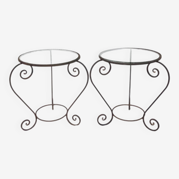 Pair Of Small Round Wrought Iron Side Tables With Glass Tops