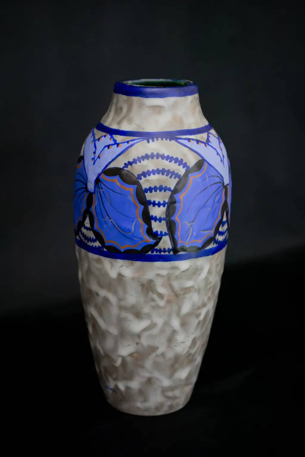 Vase Art déco en grès émaillé de Louis Dage, motifs papillon, circa 1930