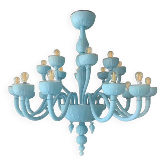Contemporary 18 Arms Matte Light-Blue Murano Style Glass Chandelier