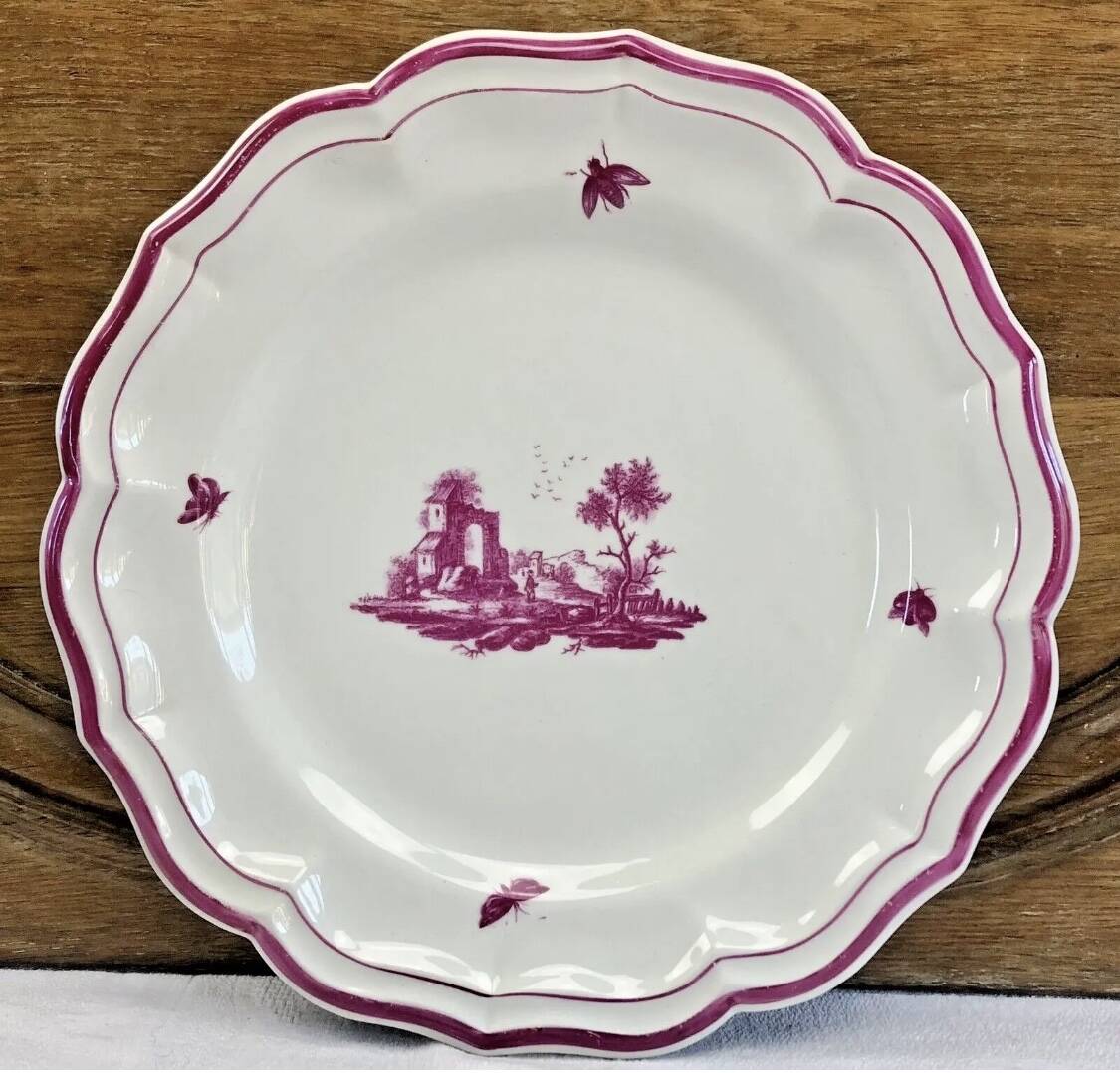 Ancien plat rond Gien modèle Paysages roses 1938 1960